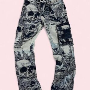 Rebel Vengeance Skull Print Cargo Pants Men 28 Goth Punk Grunge Distressed